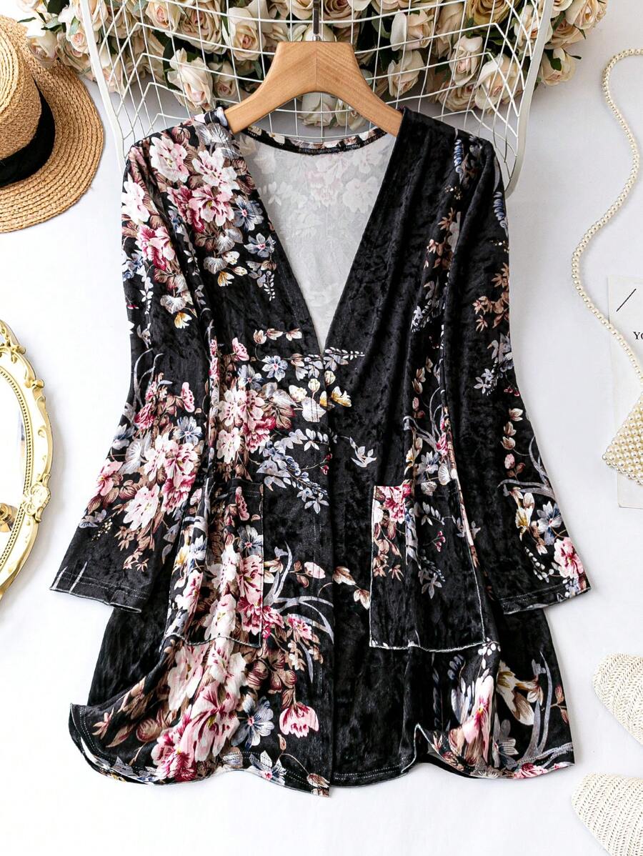 SHEIN LUNE Plus Floral Print Open Front Coat - Multicolor - View 1