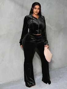 Slaydiva Của phụ nữ Màu thuần áo có mũ Dây rút Dây kéo Áo khoác Và Quần Bộ - màu đen - Xem 3