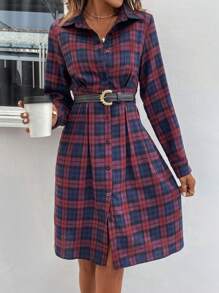 SHEIN LUNE Plaid Print Button Front Shirt Dress - Multicolor - View 4