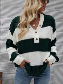 SHEIN LUNE Áo cardigan dệt kim nữ hai tông màu kẻ sọc, vai rớt, cài nửa khuy, thích hợp cho mùa thu đông. - Màu xanh lá cây đậm - Xem 1