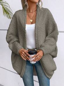 SHEIN LUNE 女款純色不對稱下擺蝙蝠袖大衣 - 淺灰色 - 查看 4