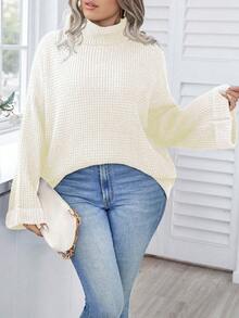 Calvaya Talla Grande Suéter Con Cuello De Tortuga Y Hombro Caído - Beis - Ver 5