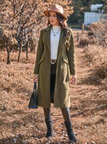 SHEIN Clasi 女式鑲邊立領長袖羊毛外套 - 軍綠色 - 查看 6