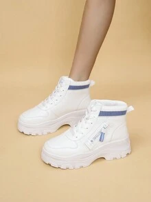 秋冬厚底增高靴時尚休閒白色女運動鞋百搭短靴及踝靴 - 白色 - 查看 4
