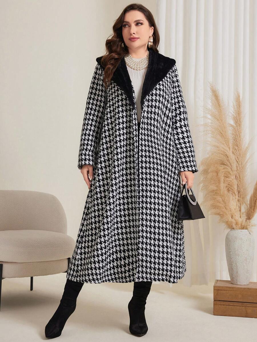 Modelyn Áo khoác ngoài Houndstooth Color Block cỡ lớn cho mùa đông - Đen và trắng - Xem 1