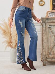 SHEIN LUNE Thêu hoa Rách Quần ống loe - Màu xanh lam - Xem 4