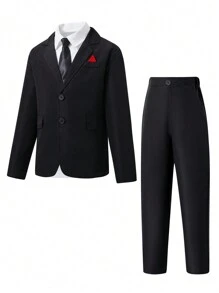 SHEIN Tween Boy Gentleman 2 Pieces Set: Contrast Collar & Chest Suit Jacket + Trousers, Formal Outfit For Birthday Party, Ceremony, Wedding, Christening, Anniversary