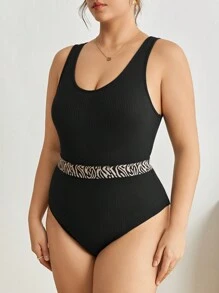 BizChic Plus Zebra Striped Tape Ribbed Knit Bodysuit - Black - View 5