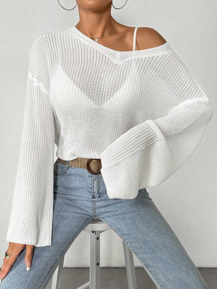 Ladies' Solid Color V-Neck Crochet Lace Cover-Up Summer