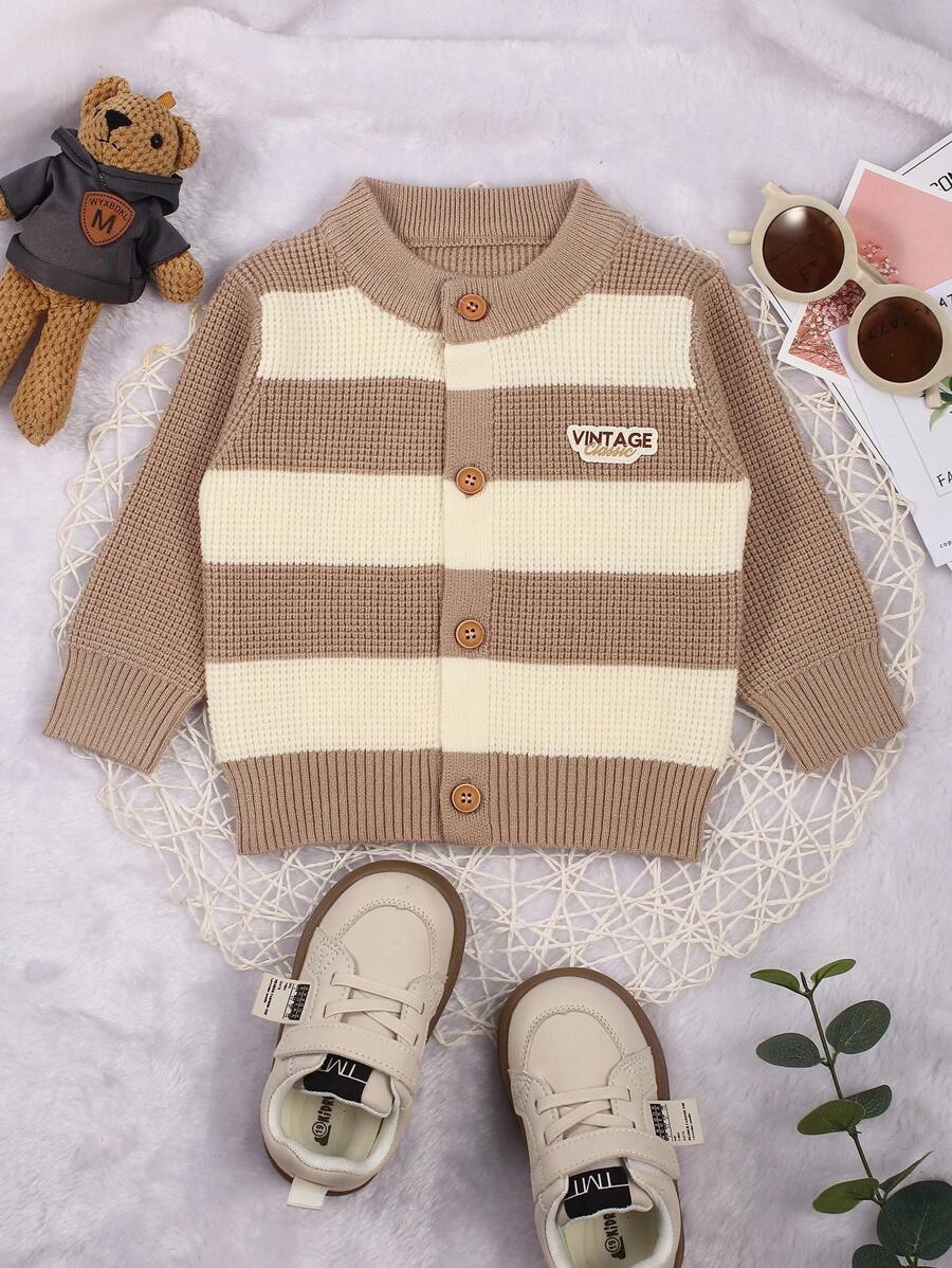 嬰兒男孩條紋圖案開襟衫 - 卡其色 - 查看 1