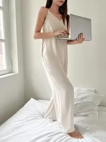 DAZY Chất rắn Túi nghiêng Bộ đồ ngủ Cami - Màu be - Xem 5