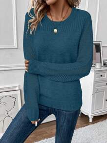 EMERY ROSE Solid Round Neck Sweater,Long Sleeve Tops Knit Pullover Fall Winter Sweater - Teal Blue - View 5