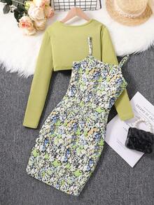 Girls' Knot Detail Knit Top And All Over Print Cami Dress Set - Olive Green - View 2