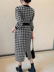 DAZY 女用格紋燈籠袖毛衣連身裙 - 黑與白 - 查看 2
