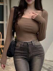 DAZY Solid Square Neck Crop Ribbed Tee,Fall Women Clothes