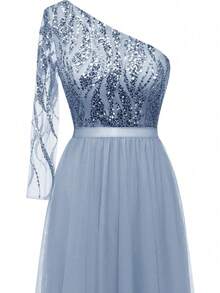 不对称领口亮片婚礼伴娘礼服，薄纱A字形舞会礼服 - 带亮片细节的新娘和正式晚礼服，婚礼宾客礼服