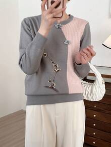 Elegant New Chinese Style Long Sleeve Fashionable Contrast Color Sweater, Autumn - Baby Blue - View 6