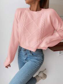 SHEIN EZwear 純色落肩毛衣 - 粉色 - 查看 5