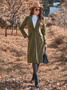 SHEIN Clasi 女式鑲邊立領長袖羊毛外套 - 軍綠色 - 查看 5