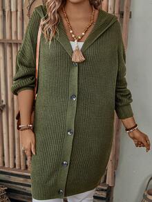 SHEIN LUNE Plus Size Front Button Hooded Cardigan - Dark Green - View 4