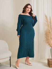 Modelyn Women's Plus Size Off Shoulder Cable Knit Sweater Dress
