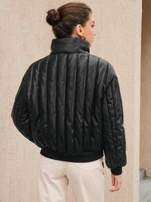 Anewsta Zip Up PU Leather Padded Coat - Black - View 2