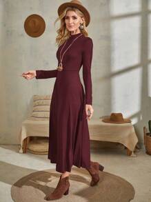 EMERY ROSE Solid Color Stand Collar Elegant Long Sleeve Dress - Burgundy - View 5