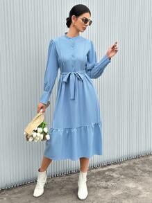 SHEIN Privé Vestido Azul Con Dobladillo Con Volantes Y Manga Larga Para Mujer