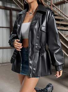 SHEIN Unity PU皮革拉鏈式前打開外套 - 黑色 - 查看 1