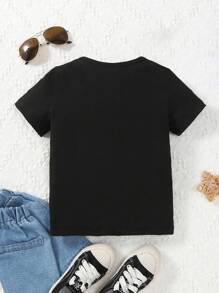 SHEIN Young Boy Cartoon Chicken & Letter Print Short Sleeve T-Shirt - Black - View 2