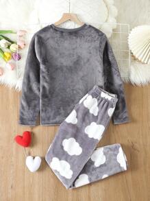 少女睫毛刺繡法蘭絨上衣和雲朵印花褲子睡衣套裝 - 灰色 - 查看 2