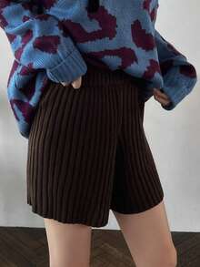FRIFUL Women's Solid Color Knitted Sweater Shorts - Coffee Brown - View 5