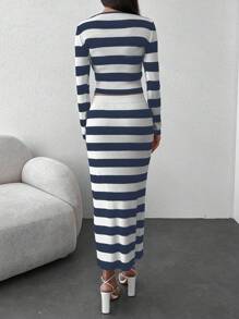 EURMUSE Women's Striped Sweater + Mid Length Skirt Two Piece Set - Multicolor - View 2