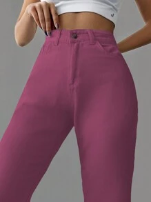 Cottnline High Waist Zipper Fly Denim Jeans - Baby Pink - View 3