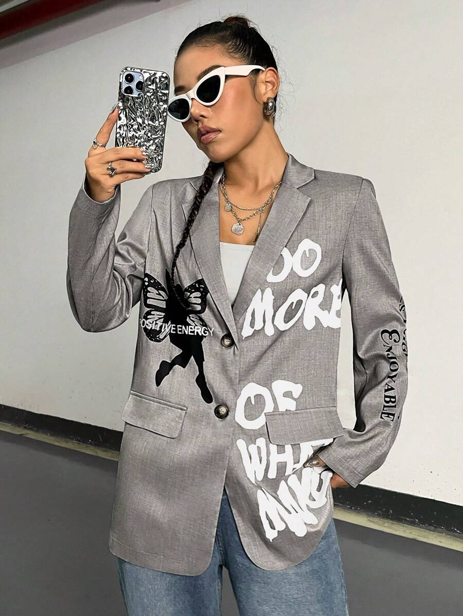 SHEIN Unity 女性套裝夾克帶字母圖案 - 灰色 - 查看 1
