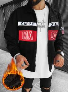 Manfinity Homme Loose Fit Men's Thick Jacket With Letter Print - Black - View 1