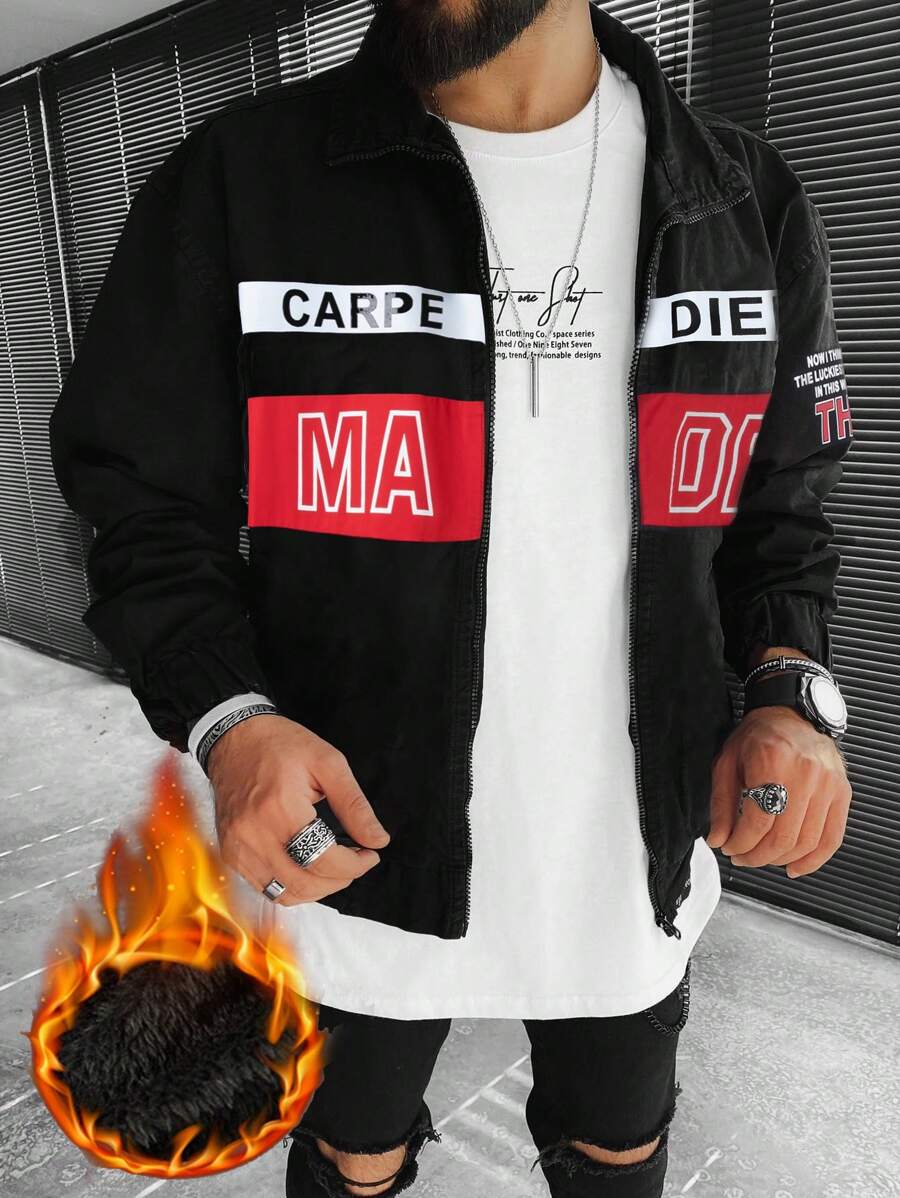 Manfinity Homme Loose Fit Men's Thick Jacket With Letter Print - Black - View 1