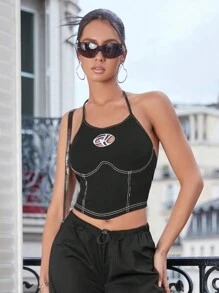 SHEIN ICON 露背字母空心鑽飾露縫款露背背心 - 黑色 - 查看 5