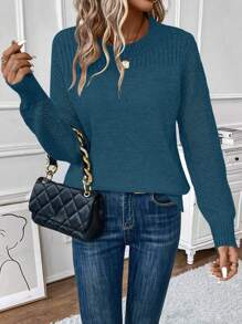 EMERY ROSE Solid Round Neck Sweater,Long Sleeve Tops Knit Pullover Fall Winter Sweater - Teal Blue - View 6