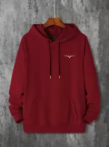 Manfinity Hypemode 男式连帽运动衫，带袋鼠口袋和鹿角图案，时代，长袖，图形，朋友 - 酒紅色 - 查看 3