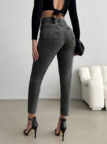 EURMUSE Damski Szczupły Spodnie jeansowe - Czarne - Zobacz 2