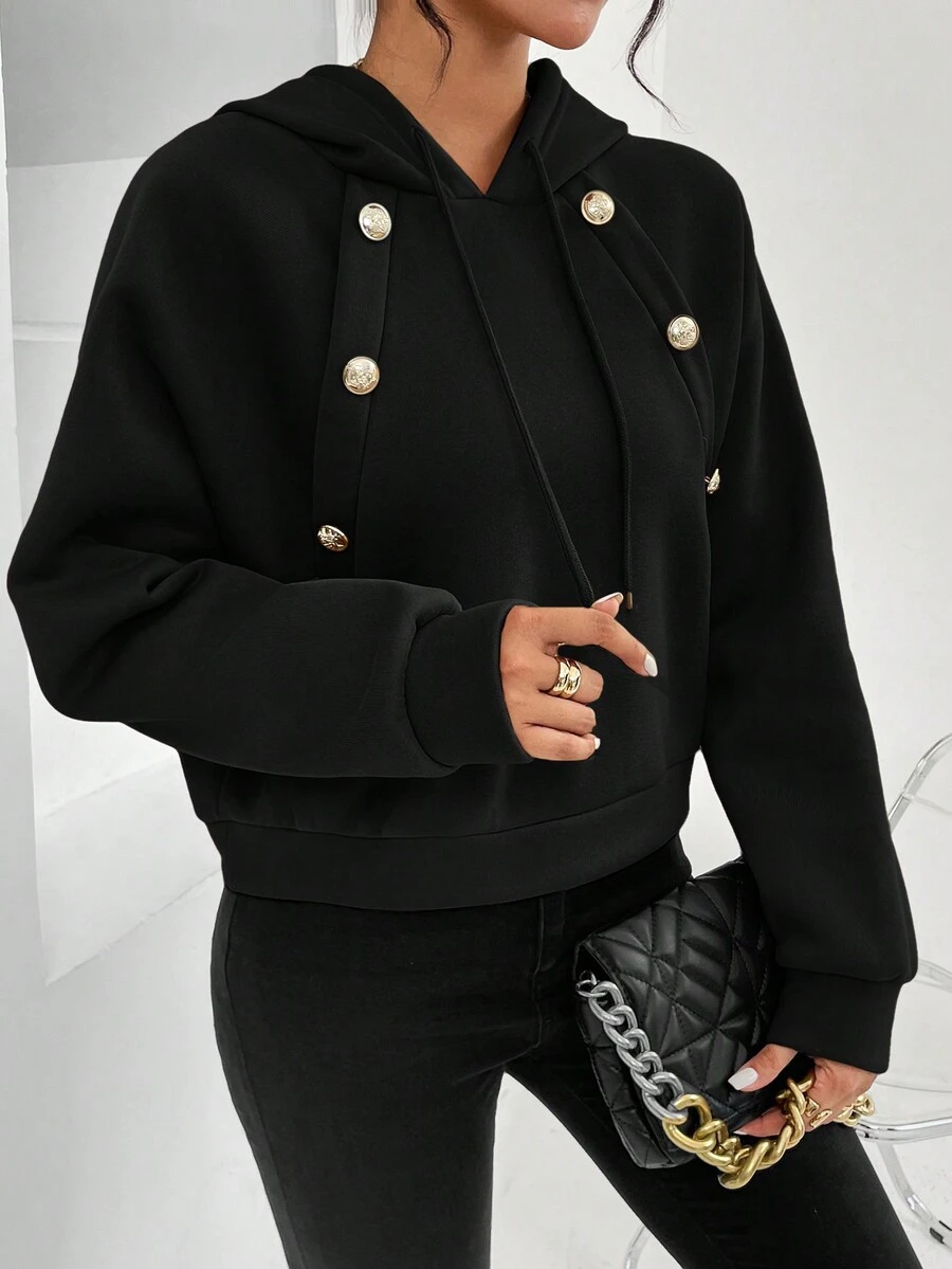 SHEIN Privé Women's Button & Drawstring Design Hoodie - Black - View 1