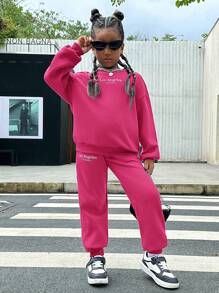 SHEIN Tween Girl 1pc Letter Graphic Drop Shoulder Pullover & 1pc Sweatpants - Hot Pink - View 4