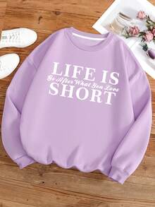 SHEIN EZwear Của phụ nữ Kích thước lớn Lông cừu Áo nỉ Với In Khẩu hiệu - Màu tím - Xem 3