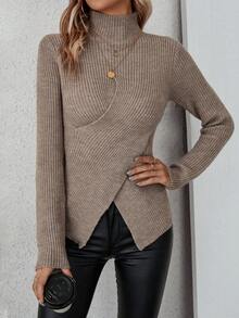 SHEIN Essnce Của phụ nữ Áo cao cổ Bọc Đầu Áo len - Màu Khaki - Xem 5