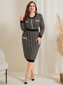 Modelyn Plus Size Women's Houndstooth Sweater Dress - Black and White - View 3