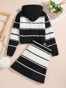 SHEIN Tween Girls' Two Tone Striped Dress Set With Knitted Sweater For Fashionable Look, Autumn/Winter - Black and White - View 2