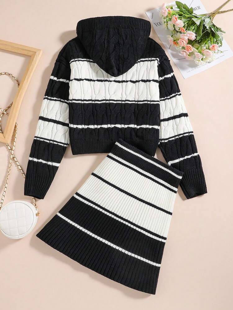 Tween Girls' Two Tone Striped Dress Set With Knitted Sweater For Fashionable Look, Autumn/Winter