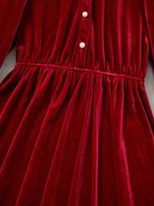 SHEIN Tween Girl Peter Pan Collar Button Front Velvet Dress - Red - View 3
