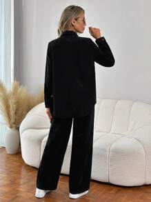 SHEIN LUNE Women's Notched Lapel Jacket And Pants Suit - Black - View 2